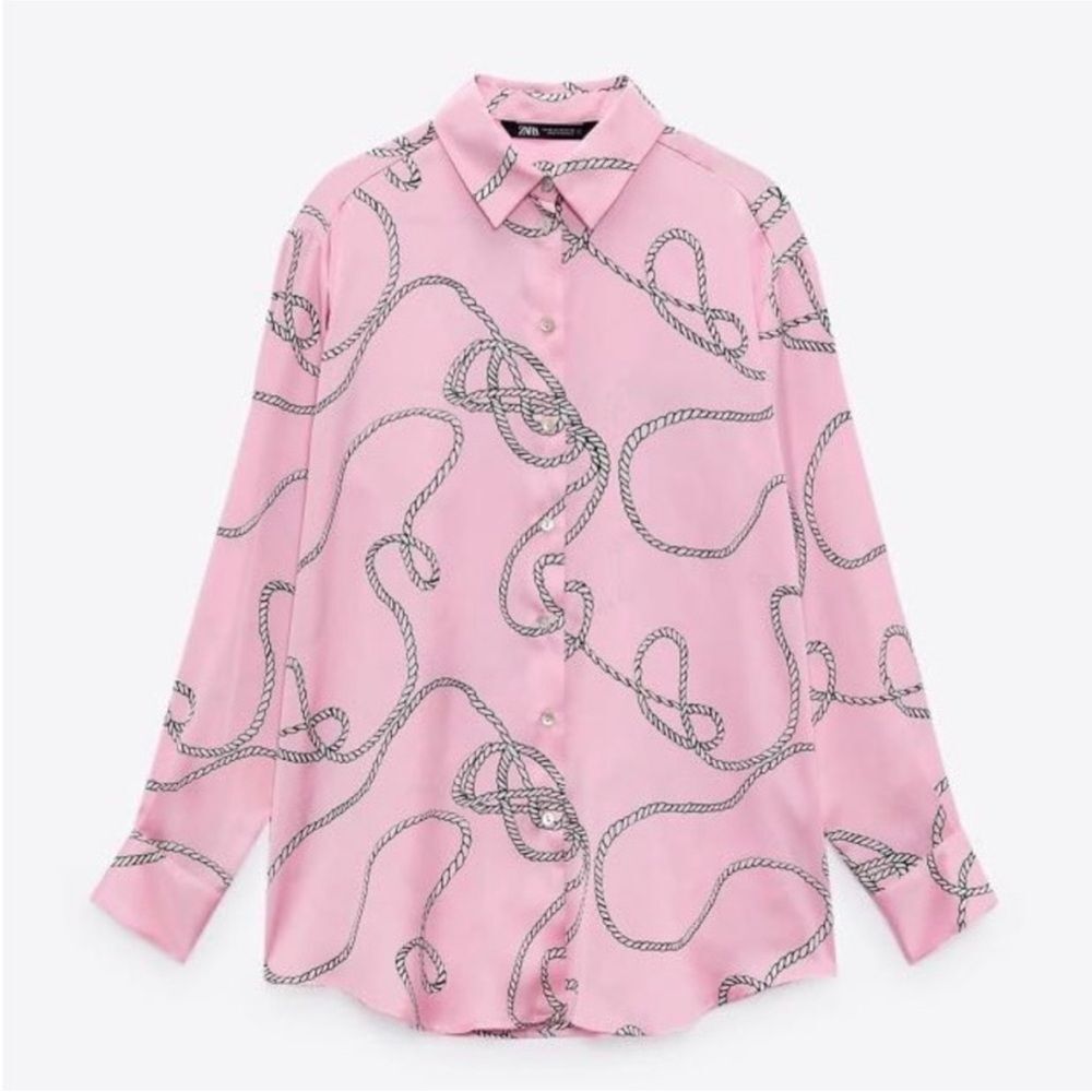 Zara Pink Satin Silky Shirt with Black and White Rope Pattern in Size Small